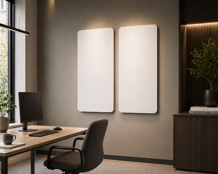 Akustikplade - RETHINK fiber i genbrugsplast m runde hjørner - hvid. 1200x600x25 mm