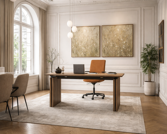 Elegance skrivebord - Elektrisk bord i eg eller valnød produceret i Danmark.