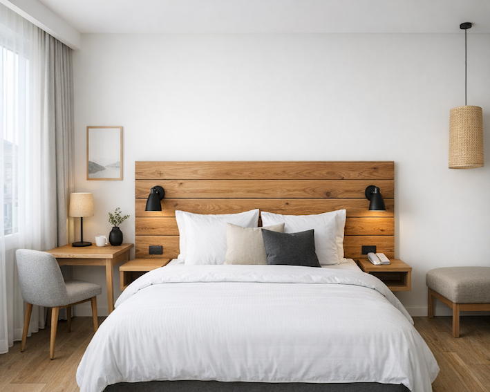 Sengegærde i træ. Lækker sengegavl i genbrugstræ til hotel