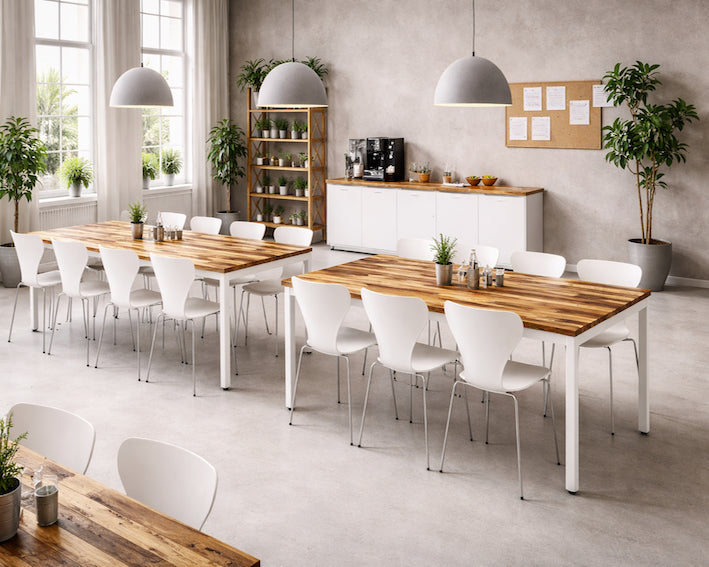 Skrivebord i genbrugstræ med fast stel fra Sestini & Corti. Model Colore.