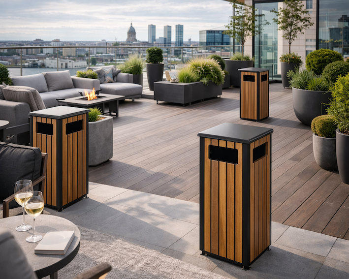 2rethink udendørs skraldespand i stål og komposit træ